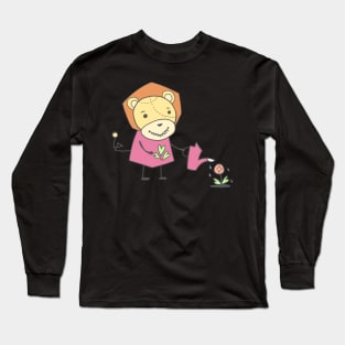 Doodle of lion watering a flower Long Sleeve T-Shirt